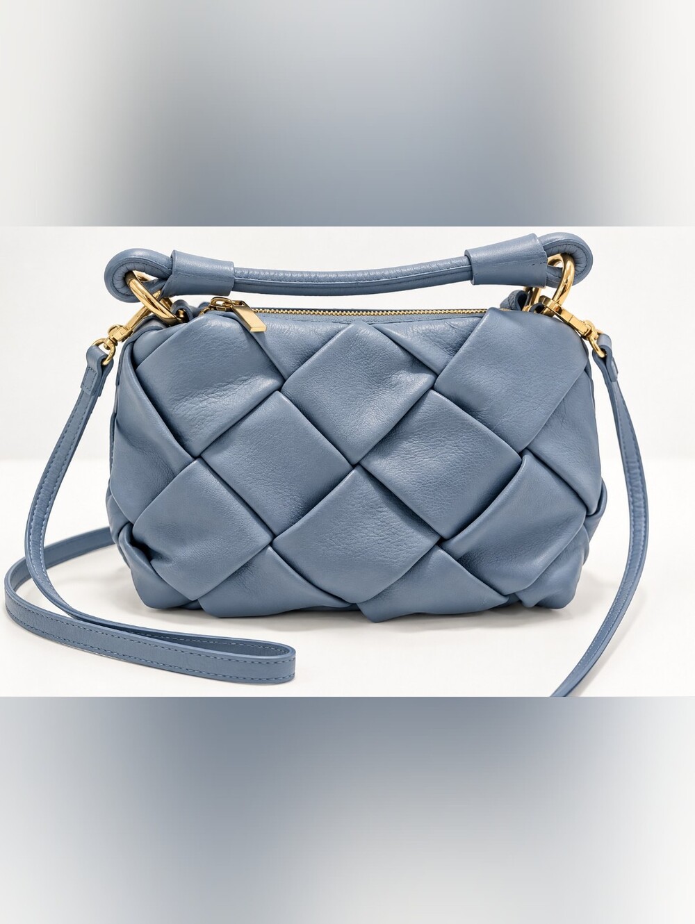 Valentina Fiore Italian Soft Leather Woven Blue Crossbody Shoulder Bag Handbag